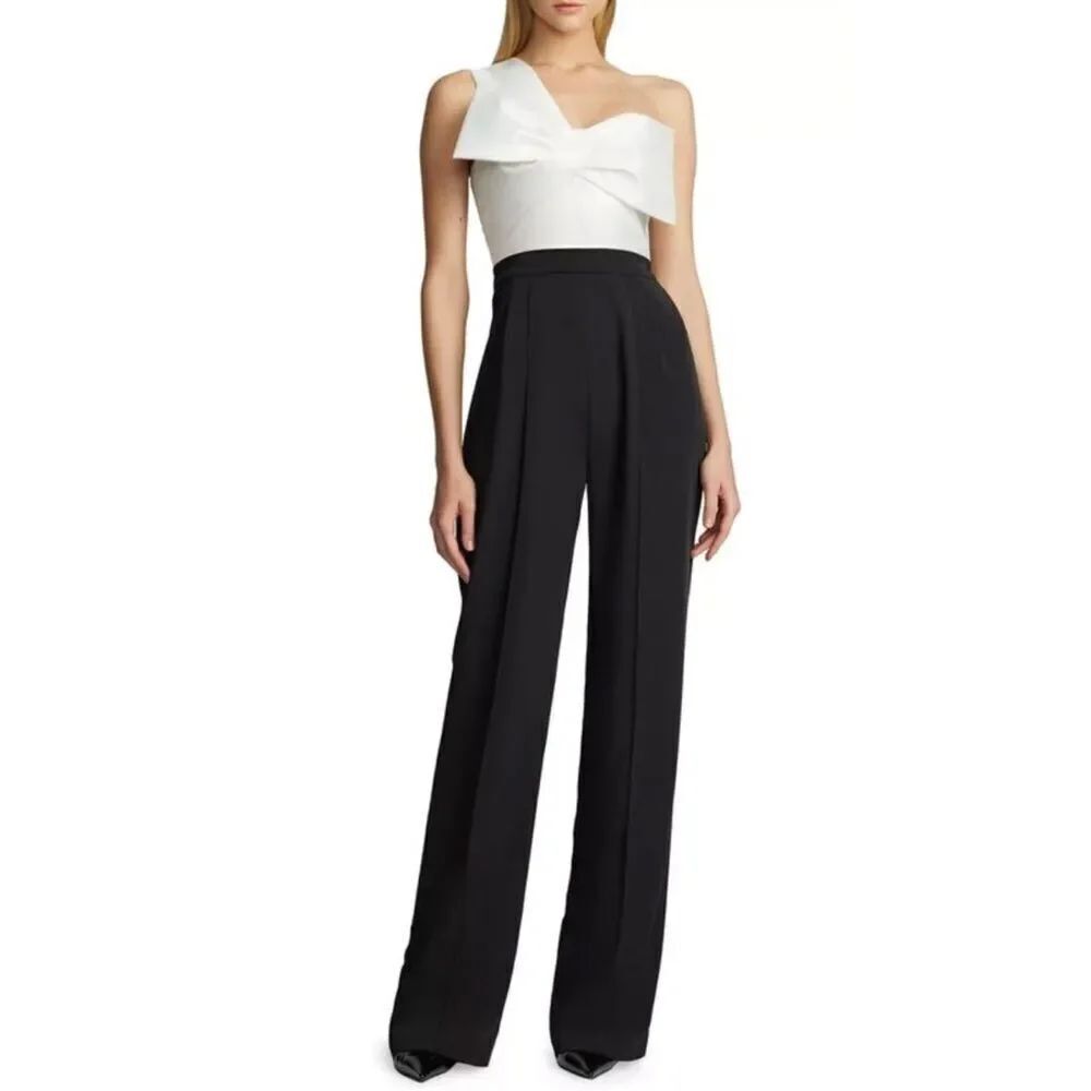 Zac Posen Womens One Shoulder Bow Wide Leg Jumpsuit 8 Black/White-F9